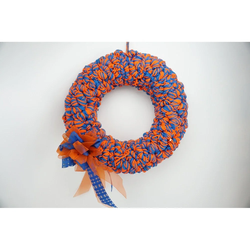 Handmade Yarn Wreath 15.5in Orange Blue Door Decor Florida Gators Football EUC